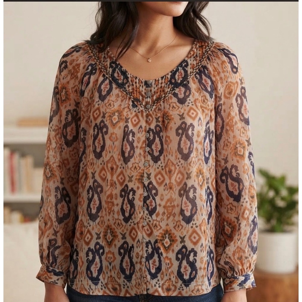 Beachlunchlounge Cotton Ikat Print Smocked Embroidered Blouse Brown Black Med